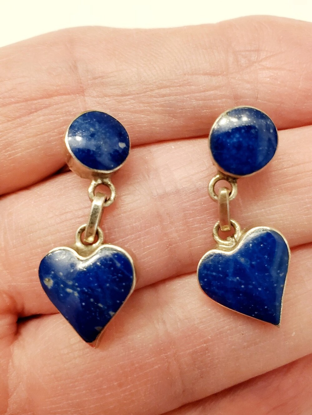 Sterling Silver Lapis Heart Drop Earrings -  Dark Blue Dangles